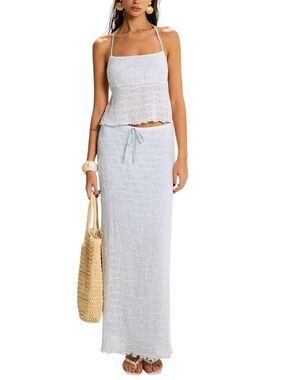 Commense Set Light Blue Textured Maxi Skirt and Tie Back Crop Top XS NWT